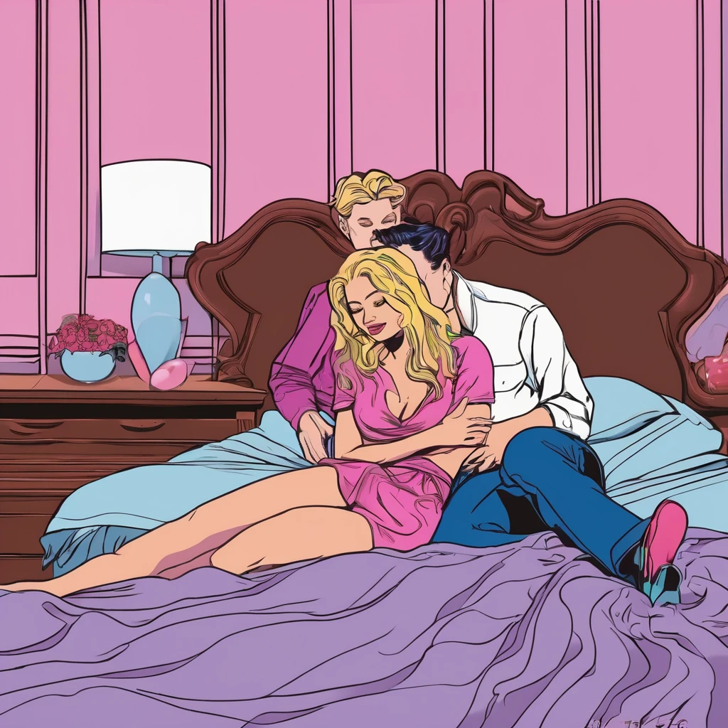 A cartoon image depicts a man and a woman in a bed. The man is wearing a belt and the woman is wearing high heels. Various pillows are scattered around the bed, with one pink pillow next to the woman. The woman has long blonde hair and is laying down on the bed. In the background, there is a mirror reflecting the scene. The overall color scheme includes shades of pink, purple, and blue. The woman appears to be young, around 22 years old, and the image conveys a sense of intimacy and playfulness between the couple. The text on the image reads "Am I doing it right? Harder. patreon.com/stahlberg".
