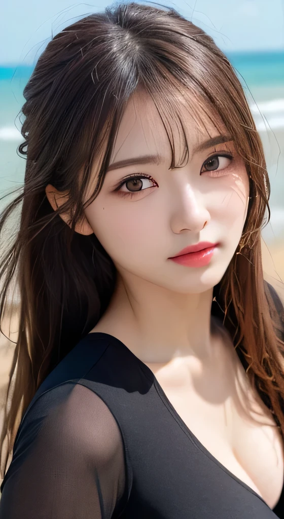 8K,Pieces fly, Highest quality, figure, Very detailed, finely, High resolution, 8k wallpaper, Perfect dynamic composition, Dark and beautiful eyes, Tight clothing, Random Cute Hairstyles, Natural color lip,At the Beach, Random cute poses,Cleavage,Detailed eyes