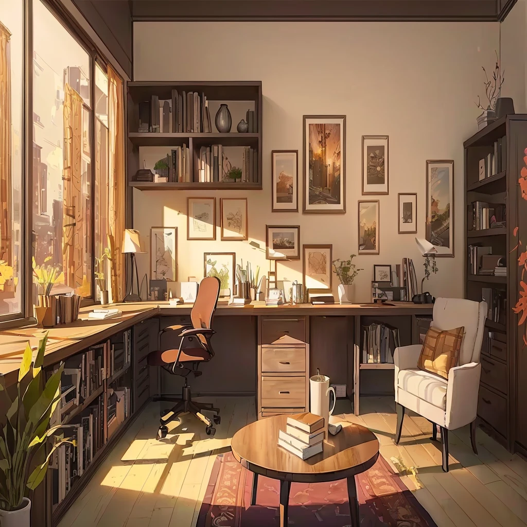there is a drawing of a home office with a desk and a chair, interior background art, relaxing concept art, personal room background, anime background art, office background, cozy home background, background art, realistic afternoon lighting, anime scenery concept art, stunning art style, cozy living room background, concept art scene, background artwork, corner office background
