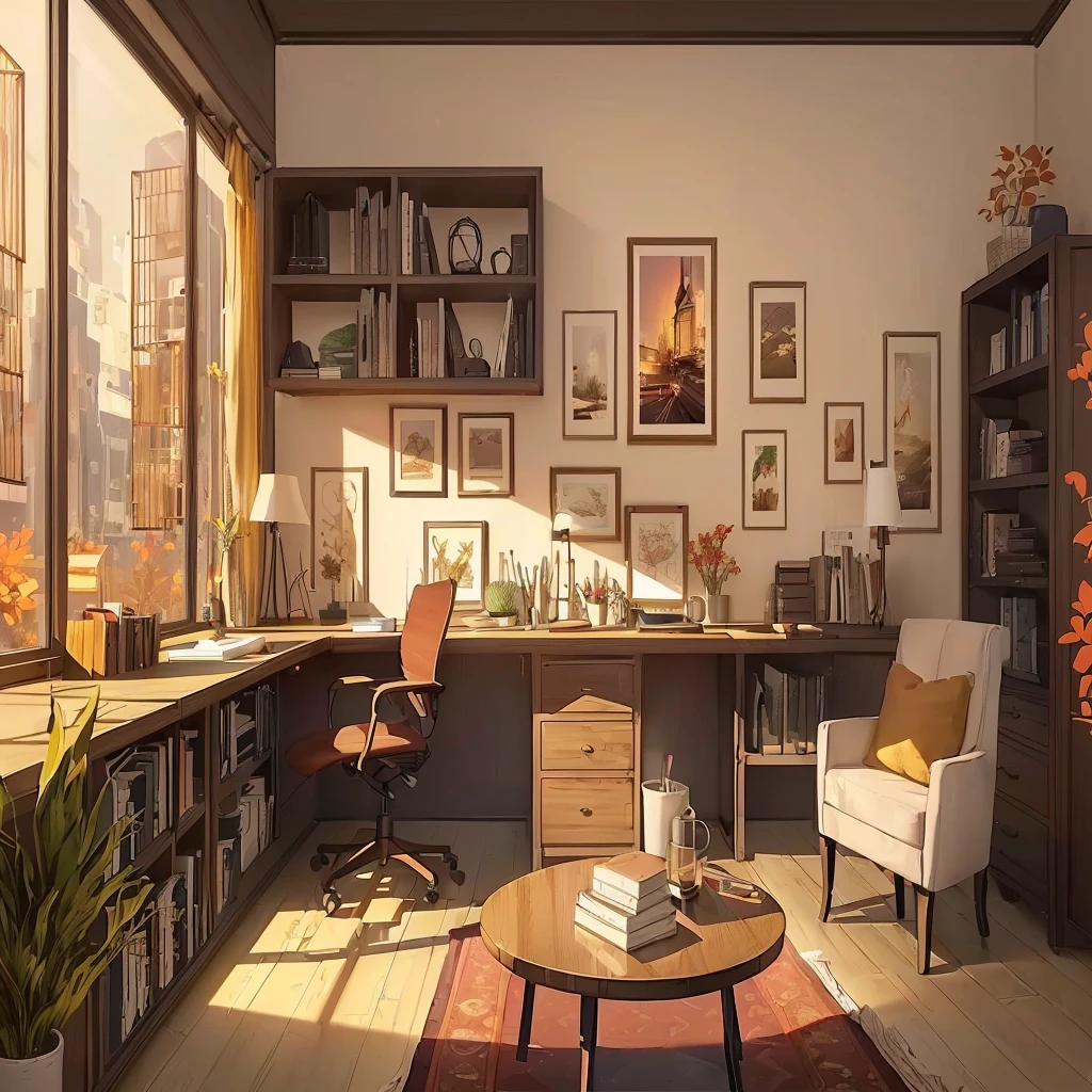 there is a drawing of a home office with a desk and a chair, interior background art, relaxing concept art, personal room background, anime background art, office background, cozy home background, background art, realistic afternoon lighting, anime scenery concept art, stunning art style, cozy living room background, concept art scene, background artwork, corner office background