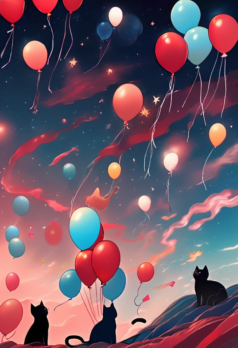 (A bunch of cats with balloons falling from the sky:1.4), Chaotic illustration、Surrealism、sea-blue 、Red and blue gradient, Pastel sky、Starry Sky、Black cat、Three-haired cat、White cat、 Slope background, Slope Sky, moon, 春のRed background, Colorful sky, Starry Sky、 Twilight, Red background, crimson sky, malachite&#39;theme, Pop Surrealism , Highest quality、Texture of drawing paper、Pop Surrealism ポップアート 描画、Fractal Art