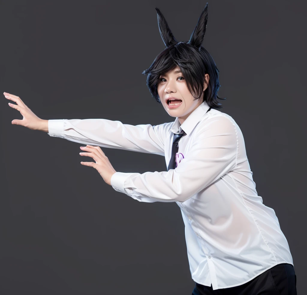 The image shows a person in a white shirt and black shorts, with black hair and a black bow tie, reaching out to a gray background with both hands.3d style, simplified design, 3d render, glossy texture, smooth 3d model, multiple light sources, rim light, sharp post effects render, (glossy plastic texture with multiple big light probe refractions), perfect cgi, smooth silhouette, high intensity refraction, (super glossy material), most beautiful vfx , blue background, plastic refractions, realistic, 4k, high resolution, rim light, photo shoot, commercial photo, profile shot, 4k, rim light, high resolution, 4k, glossy texture, smooth 3d model, multiple light sources, rim light, sharp post effects render, (glossy metallic texture with multiple big light probe refractions), perfect cgi, cgi art created only with gradients, smooth silhouette, high intensity refraction, (super glossy chrome material), most beautiful vfx, blue background, chrome metal refractions, multiple light sources, rim light, sharp post effects render, perfect cgi, digital art, detailed digital art, reflective, best quality, 4k, masterpiece:1.2, ultra-detailed, realistic, vivid colors, dark and moody lighting, The image of the highest quality, ensuring every detail is showcased perfectly. It in 4k resolution, allowing viewers to immerse themselves in the richness of the colors and intricate details. The realistic rendering. under the spotlight, reflecting, high-resolution image, realistic rendering, dark background, and rim light photorealistic The image features three characters standing in front of three houses. The characters are a red-haired mermaid, a purple cat, and an orange dog. They are each holding a yellow maraca