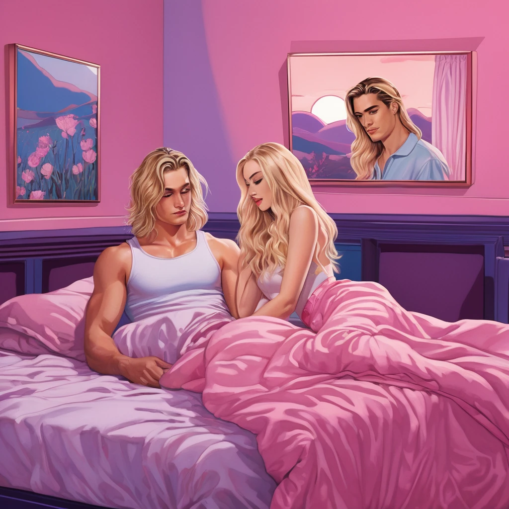 A cartoon image depicts a man and a woman in a bed. The man is wearing a belt and the woman is wearing high heels. Various pillows are scattered around the bed, with one pink pillow next to the woman. The woman has long blonde hair and is laying down on the bed. In the background, there is a mirror reflecting the scene. The overall color scheme includes shades of pink, purple, and blue. The woman appears to be young, around 22 years old, and the image conveys a sense of intimacy and playfulness between the couple. The text on the image reads "Am I doing it right? Harder. patreon.com/stahlberg".