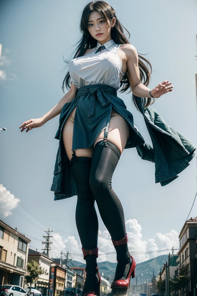 looking at the camera、The building collapses、Urban hustle and bustle、Traffic jam、City of Rubble、street tree、((((Azur Lane Cheshire Cosplay))))、Frilled maid outfit、(Super huge breasts)、(Plump thighs)、Ground View,City of Giants,500 foot tall giant girl,skyscraper,Has super long legs,Step into the crowd,There are many people on the street,Knee-high socks,She has waist-length black hair,Wear Mary Jane heels,A happy look,Standing on the ruins,Beautiful appearance,Exquisite makeup,quality,8K,高quality,Perfect Proportions, Cinema Lighting,Film Grain,The Colors of Fuji,8K,Textured skin,Super Detail,High detail,high quality,High resolution,explode,False Smile,Show your pants
