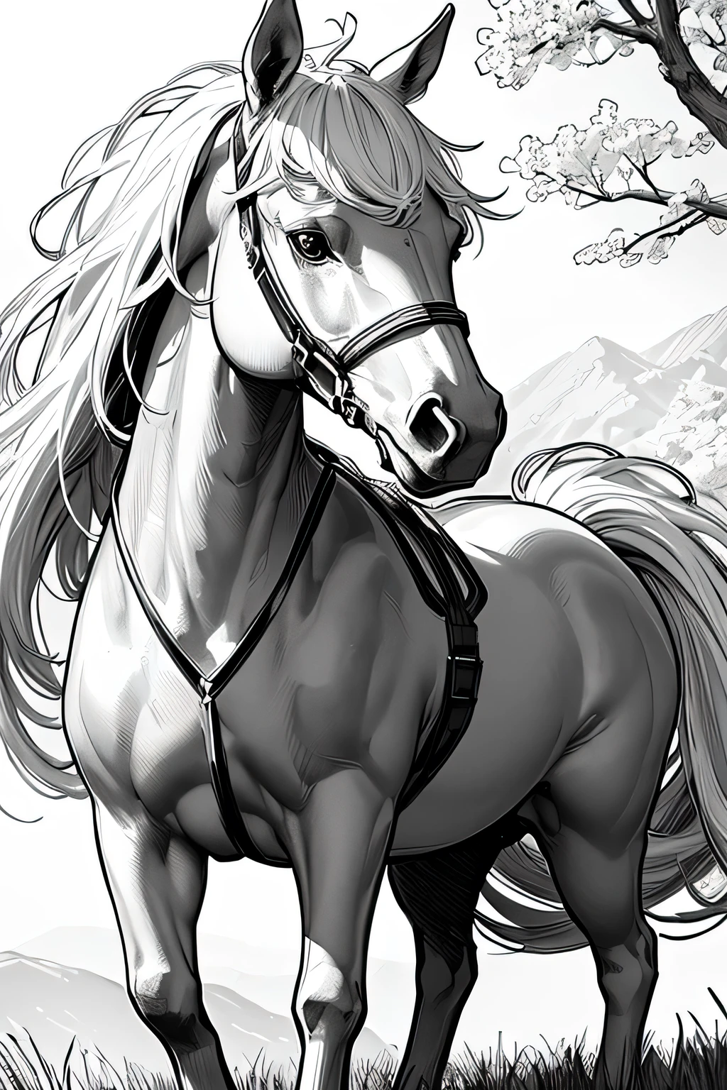 coloring image, fairy tail, horse, stunning beautiful nature all around, crisp and sharp lines, black and white, white background, Hd, 4K, no humans, ((sketch)), children coloring book, coloring image for children, easy