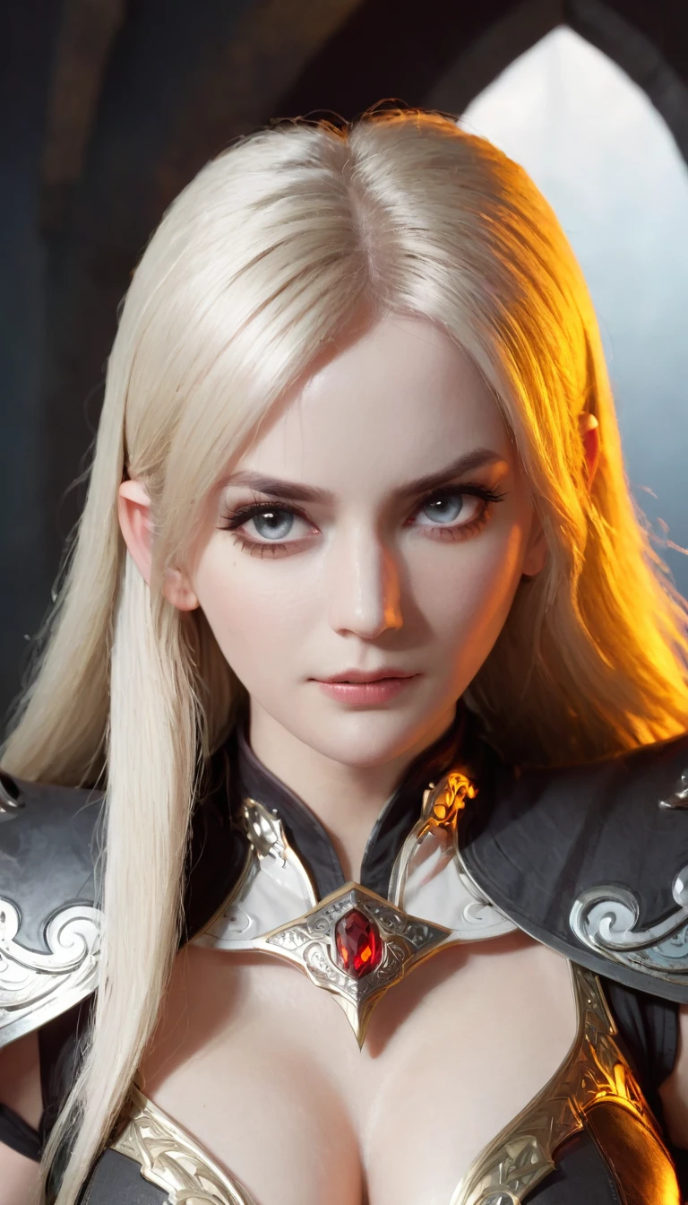 (character portrait for the game Dungeons and dragons), (female 30 years old, spellblade, high charisma), (white skin:0.8, nordic facial features, heavy black makeup, light blue eyes, blond, long, straight hair), (dark fantasy), (heavy platemail armor, gray metallic, cleavage),([dim lights], shadows in the background, red, black, yellow)