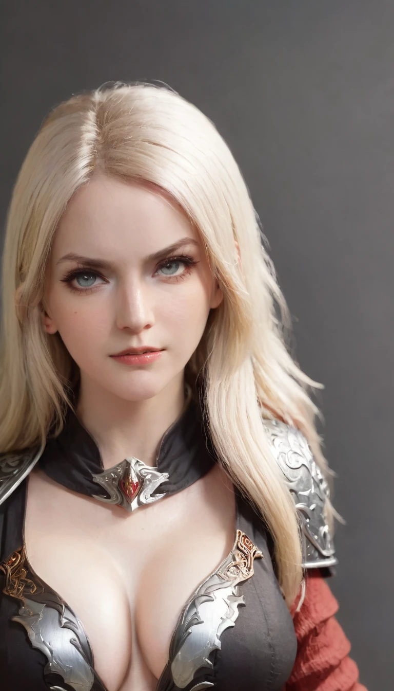 (character portrait for the game Dungeons and dragons), (female 30 years old, spellblade, high charisma), (white skin:0.8, nordic facial features, heavy black makeup, light blue eyes, blond, long, straight hair), (dark fantasy), (heavy platemail armor, gray metallic, cleavage),([dim lights], shadows in the background, red, black, yellow)