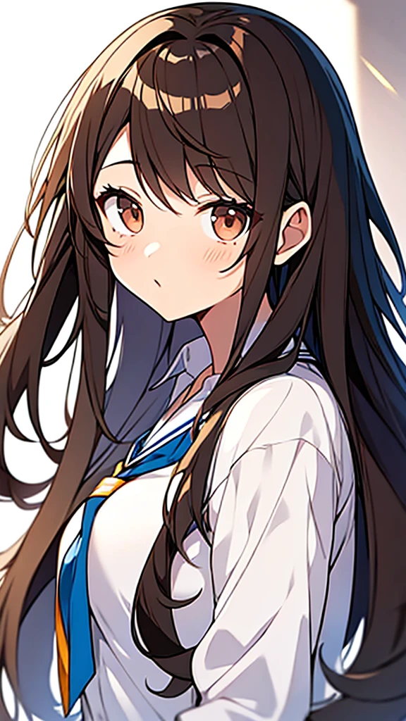 Anime girl with long brown hair.
with brown eyes in a white background.
she wears the classroom uniform of the elite which is standing