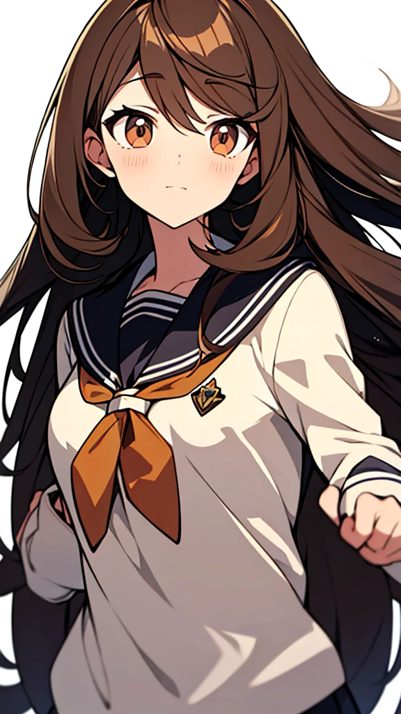 Anime girl with long brown hair.
with brown eyes in a white background.
she wears the classroom uniform of the elite which is standing