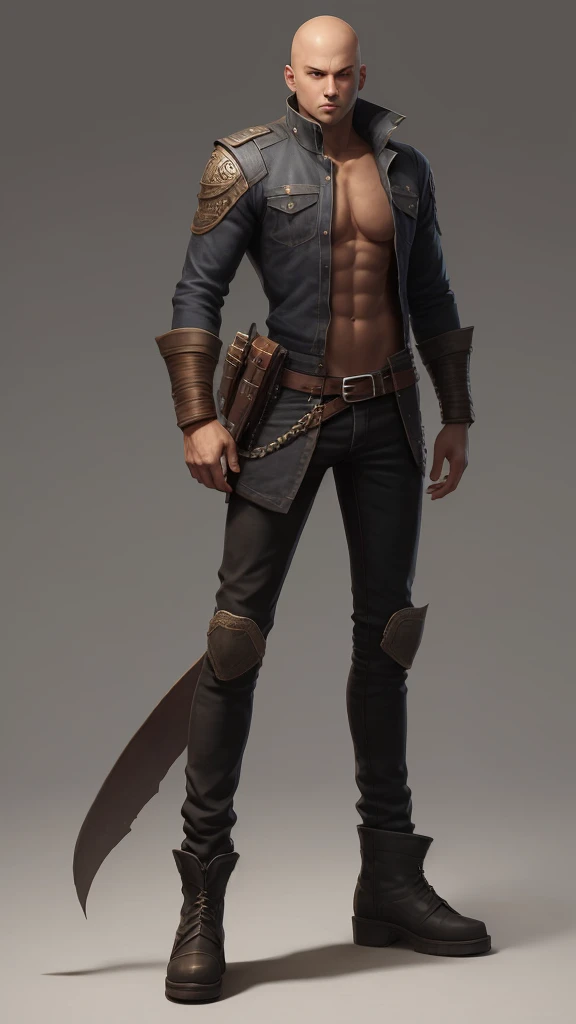 (anime:1), The whole body is shown, Full body side view, RPG concept art character, Skinhead, Head of the thieves, View Viewer, I'm getting fat and bloated