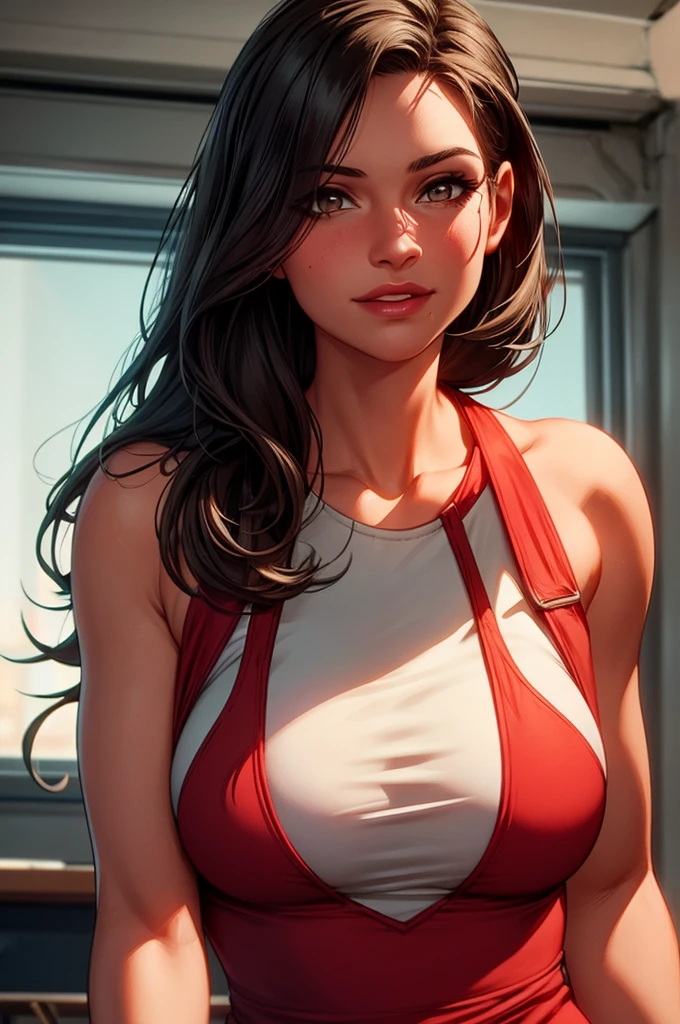 Lara Croft, Ultra-realistic 8K CG: An impressive teacher's masterpiece In the confines of a classical classroom, bathed in the soft glow of cinematic light, a captivating woman takes center stage. With a perfect body that has been meticulously sculpted, she exudes an air of authority and allure. Her black hair cascades down her back, framing a face adorned with delicate bone structure and blue eyes that sparkle with intelligence.
Her lips, a bold shade of red, bow in a slight, inviting smile, adding an irresistible charm to your alabaster complexion. Her dress, a simple but elegant