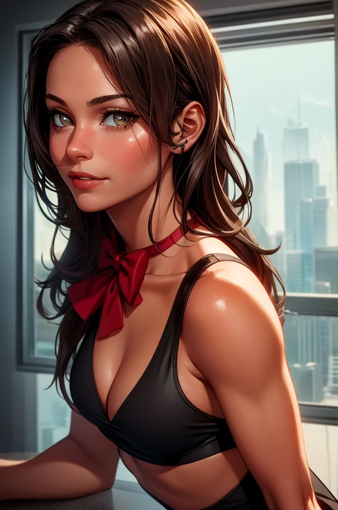 Lara Croft, Ultra-realistic 8K CG: An impressive teacher's masterpiece In the confines of a classical classroom, bathed in the soft glow of cinematic light, a captivating woman takes center stage. With a perfect body that has been meticulously sculpted, she exudes an air of authority and allure. Her black hair cascades down her back, framing a face adorned with delicate bone structure and blue eyes that sparkle with intelligence.
Her lips, a bold shade of red, bow in a slight, inviting smile, adding an irresistible charm to your alabaster complexion. Her dress, a simple but elegant