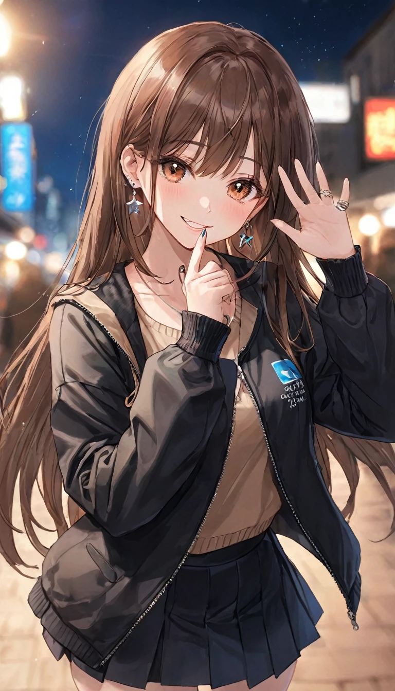 One Girl, Ahoge, bangs, black skirt, black sweater, Blue Claws, Blurred, Blurred background, chest, Brown eyes, Brown Hair, brown Jacket, Mouth closed, Day付付き, Day, Written boundary depth, Earrings, eyelash, Please raise your hand, Tilt your head, Jacket, jewelry, Long Hair, Long sleeve, Show Viewer, medium chest, Manicure, Open clothes, open Jacket, Outdoor, Pursing your lips, tuck your shirt in, Side Lock, skirt, Sleeves are longer than the wrist, alone, sweater, Upper Body, zipper, smile, ((masterpiece)), 