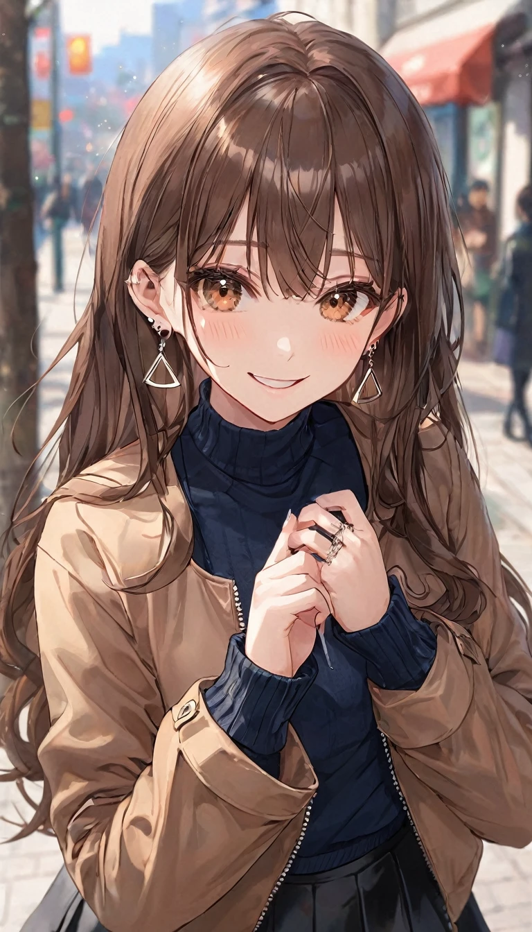 One Girl, Ahoge, bangs, black skirt, black sweater, Blue Claws, Blurred, Blurred background, chest, Brown eyes, Brown Hair, brown Jacket, Mouth closed, Day付付き, Day, Written boundary depth, Earrings, eyelash, Please raise your hand, Tilt your head, Jacket, jewelry, Long Hair, Long sleeve, Show Viewer, medium chest, Manicure, Open clothes, open Jacket, Outdoor, Pursing your lips, tuck your shirt in, Side Lock, skirt, Sleeves are longer than the wrist, alone, sweater, Upper Body, zipper, smile, ((masterpiece)), 