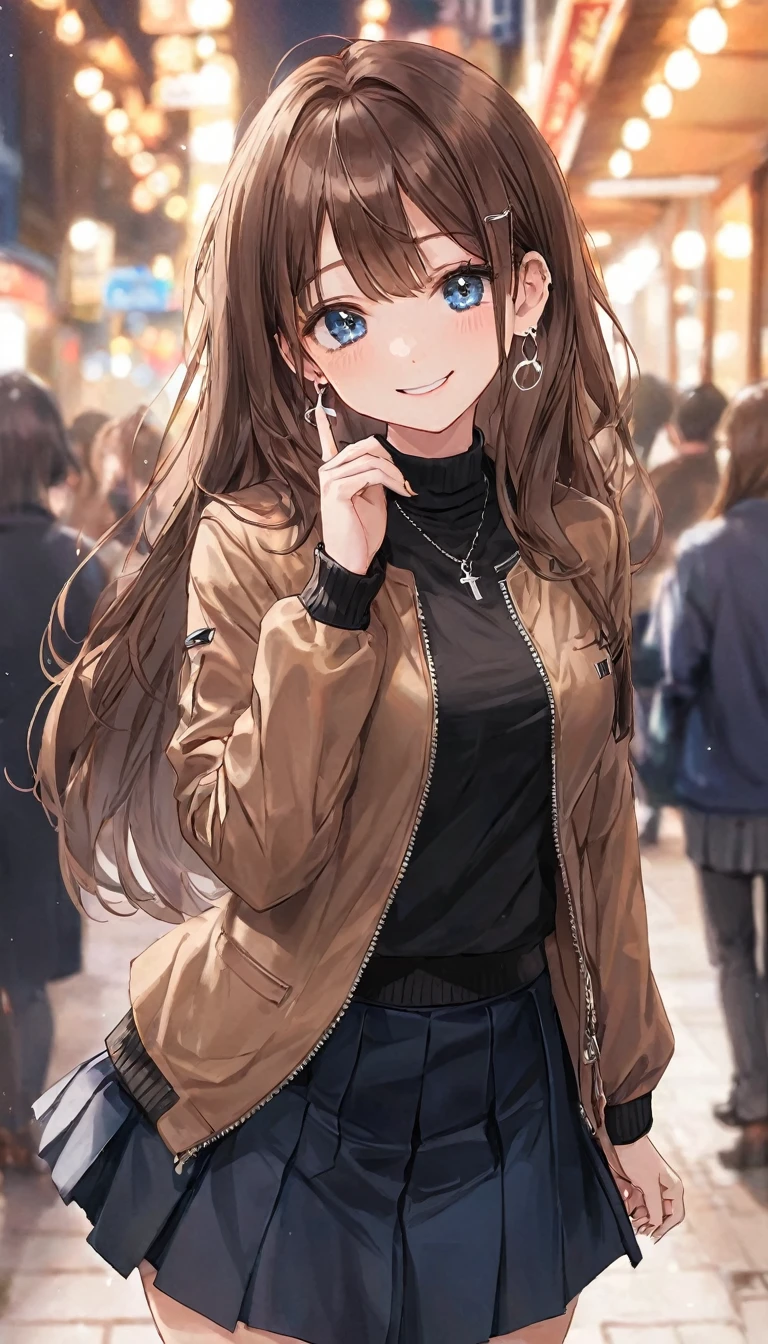 One Girl, Ahoge, bangs, black skirt, black sweater, Blue Claws, Blurred, Blurred background, chest, Brown eyes, Brown Hair, brown Jacket, Mouth closed, Day付付き, Day, Written boundary depth, Earrings, eyelash, Please raise your hand, Tilt your head, Jacket, jewelry, Long Hair, Long sleeve, Show Viewer, medium chest, Manicure, Open clothes, open Jacket, Outdoor, Pursing your lips, tuck your shirt in, Side Lock, skirt, Sleeves are longer than the wrist, alone, sweater, Upper Body, zipper, smile, ((masterpiece)), 