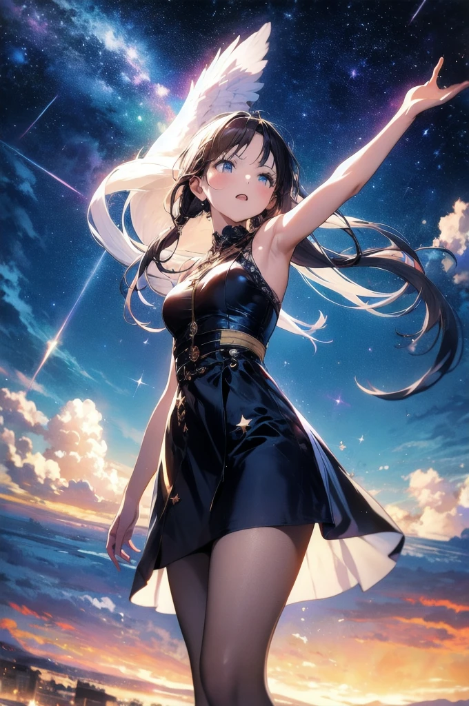 absurdres, highres, (official art, beautiful and aesthetic:1.2), close view, arm up from below
1girl, shining sky, vast world, gazing, awe-inspiring expression, distant horizon, clouds, high hill, natural beauty, inspiration, night sky, Shining Stars,
apstyle