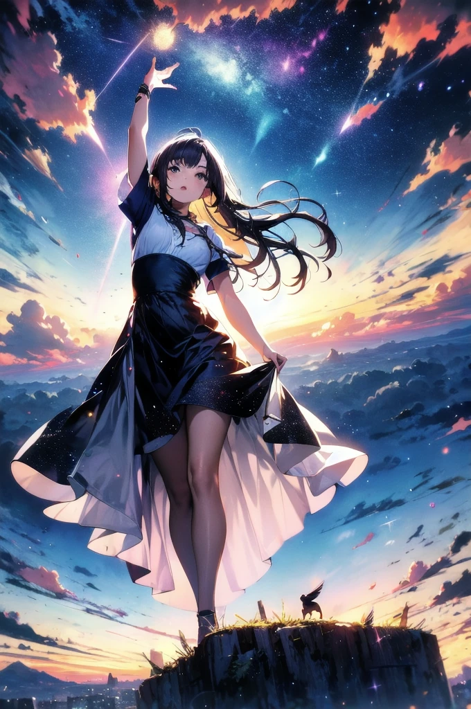 absurdres, highres, (official art, beautiful and aesthetic:1.2), close view, arm up from below
1girl, shining sky, vast world, gazing, awe-inspiring expression, distant horizon, clouds, high hill, natural beauty, inspiration, night sky, Shining Stars,
apstyle