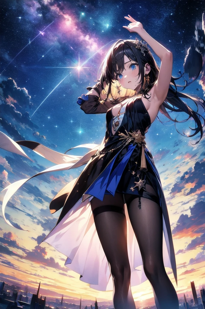 absurdres, highres, (official art, beautiful and aesthetic:1.2), close view, arm up from below
1girl, shining sky, vast world, gazing, awe-inspiring expression, distant horizon, clouds, high hill, natural beauty, inspiration, night sky, Shining Stars,
apstyle