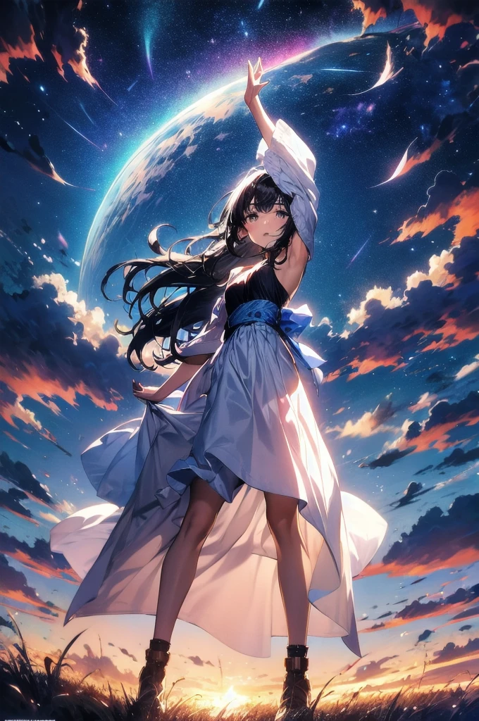 absurdres, highres, (official art, beautiful and aesthetic:1.2), close view, arm up from below
1girl, shining sky, vast world, gazing, awe-inspiring expression, distant horizon, clouds, high hill, natural beauty, inspiration, night sky, Shining Stars,
apstyle