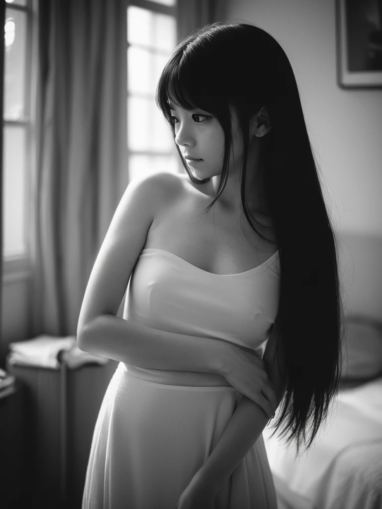 Leica Sumilux f1.4 50mm , old monochrome film , bokeh, flare, soft focus, Shallow focus , Nordic girl , (ugly:0.9) , looking away , in the room , (naked:0.7) , Hide with hand