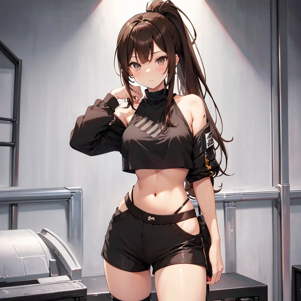 cute, sexy, girl, brown hair, ponytail, black crop top, tall, long legs, sexy legs, black shorts, belly button,