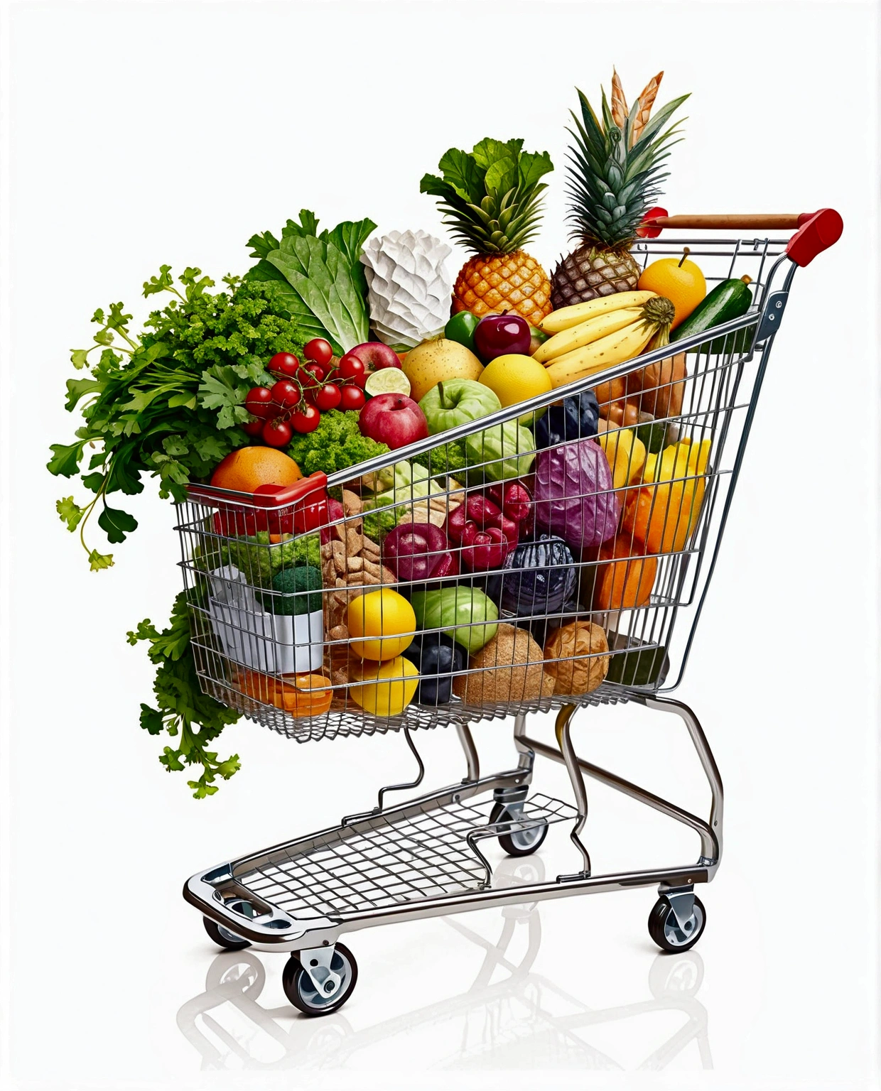 shopping trolley with a lot healthy food, illustration, isolated with solid white background, surrounded with negative space, centered composition, 8k, highest detailed painting, very precise painting, Isolated, clear solid white background, perspective angle of view, cartoon style, ((watercolor:1)), clip art, (lora:add-detail-xl:1)