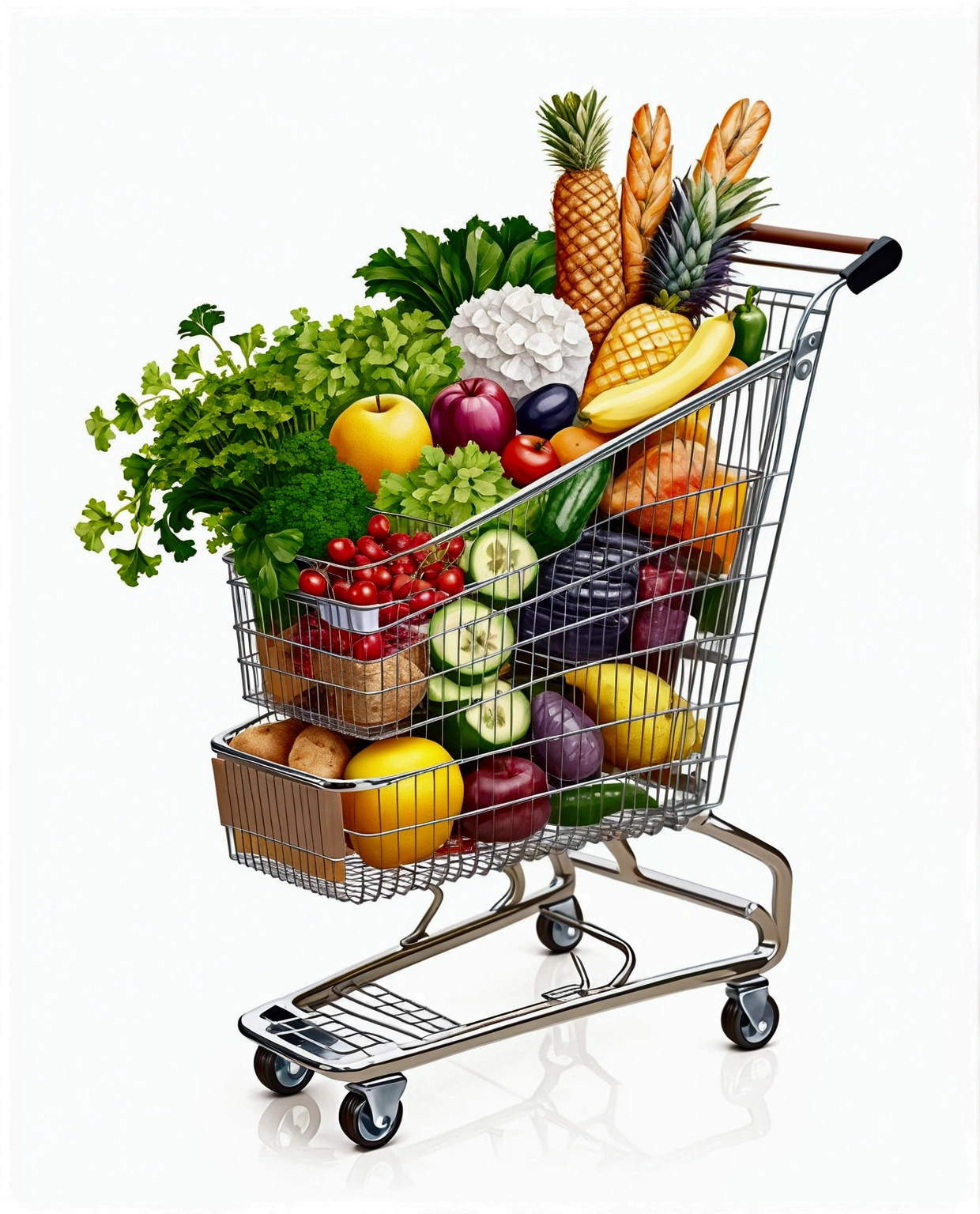shopping trolley with a lot healthy food, illustration, isolated with solid white background, surrounded with negative space, centered composition, 8k, highest detailed painting, very precise painting, Isolated, clear solid white background, perspective angle of view, cartoon style, ((watercolor:1)), clip art, (lora:add-detail-xl:1)