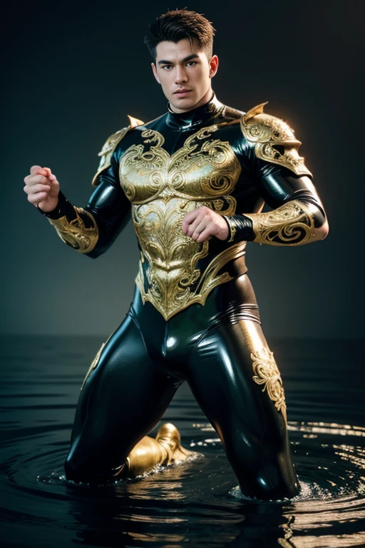 Full-fullbody 3D image of a strong and handsome hunky Astro, surrealistic face and eyes, wearing green and bronze swirls and twirls filigree shiny latex spandex, hands holding a shining water jewel, the hero face is depicted extremely clearly in every detail, studio is the background , masterpiece, full hd, best resolution, taken by Canon super marco lens, artistic masterpiece, UHD, 8K."