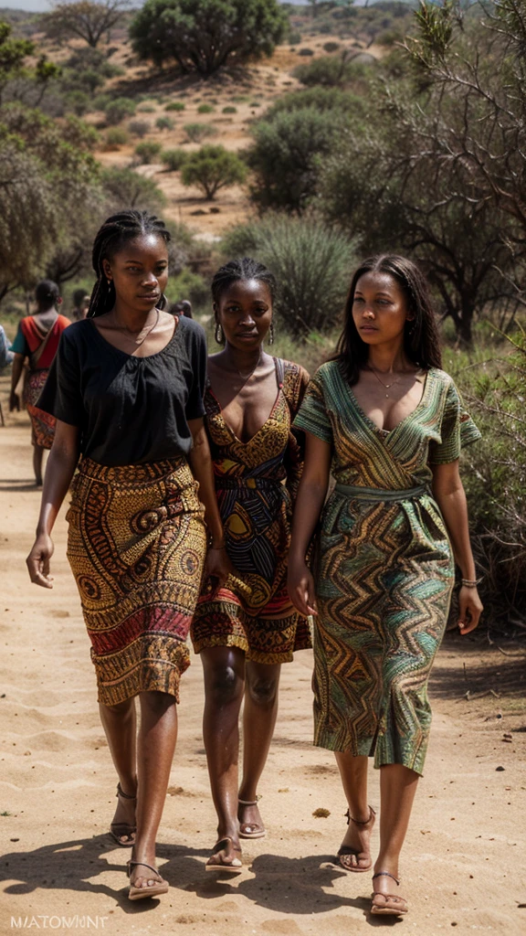 a group of women in traditional african attire, walking in a line on a dirt path, savanna landscape, warm lighting, vibrant colors, detailed textiles, intricate tribal patterns, natural environment, photorealistic, 8k, highly detailed, masterpiece