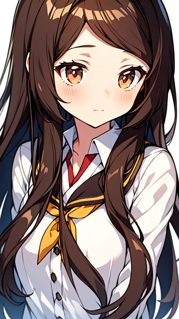 Anime girl with long brown hair.
with brown eyes in a white background.
she wears the classroom uniform of the elite which is standing