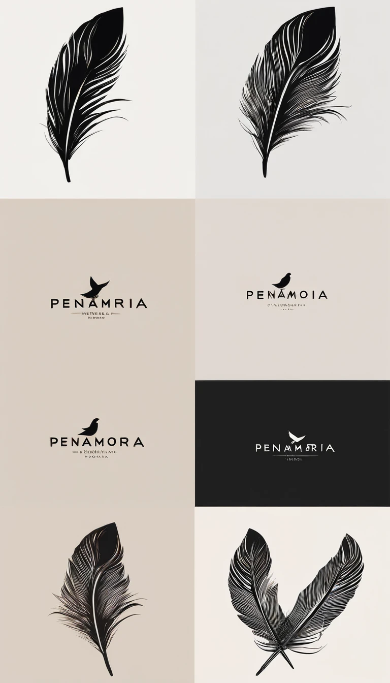 A minimal, modern, simple, cinematic logo design for the brand “Penamemoria". Create a modern, minimalistic, high-quality, logo of a bird feather