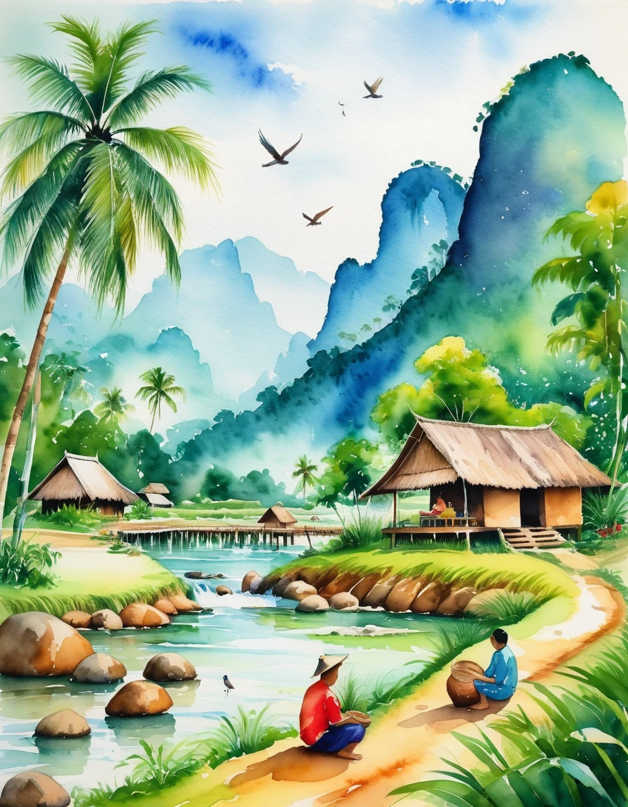 Farmers sit and work in the green grass. In front of a thatched hut in Thailand, a waterfall flows from a hill flowing in front of the hut. There is a bridge across it, buffalo grazing, birds flying, coconut trees, watercolor paintings and colorful handicrafts.
