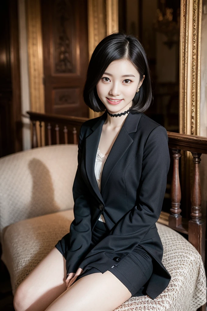 Pure young Japanese girl, wearing dark color classical suits and skirts, (panty), vivid makeup, natural black hair styles, sitting in antique gothic style rooms, sweet smile, secret temptations, professional portrait photography, 