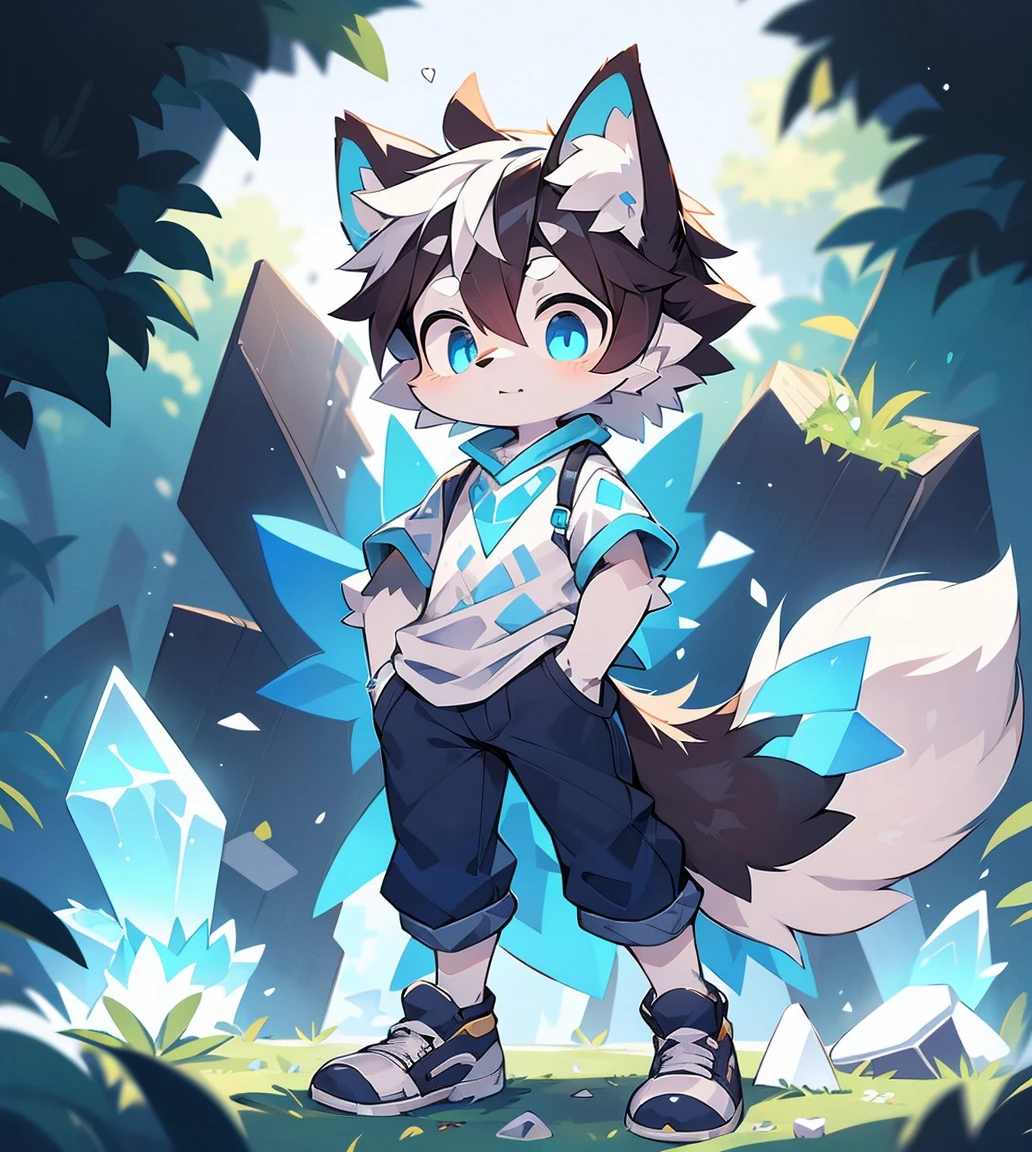 Bright Eyes, panoramic, Character Focus Solo, Fluffy little wolf, Male gray and white fur, There is a piece of black hair on the left ear,Blue eyes, white hair (long), Wearing a blue shirt and gray trousers, Casual clothing, young style, Height 1.6 meters, Handsome, has a tail, hands in pockets, A glowing blue translucent ice crystal floats in front of you, standing。black background。Beautiful mandarin wind。