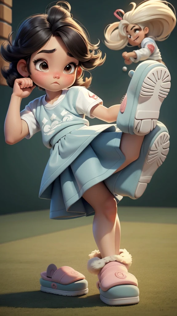 a close up of a cartoon girl hitting with slippers to boy,