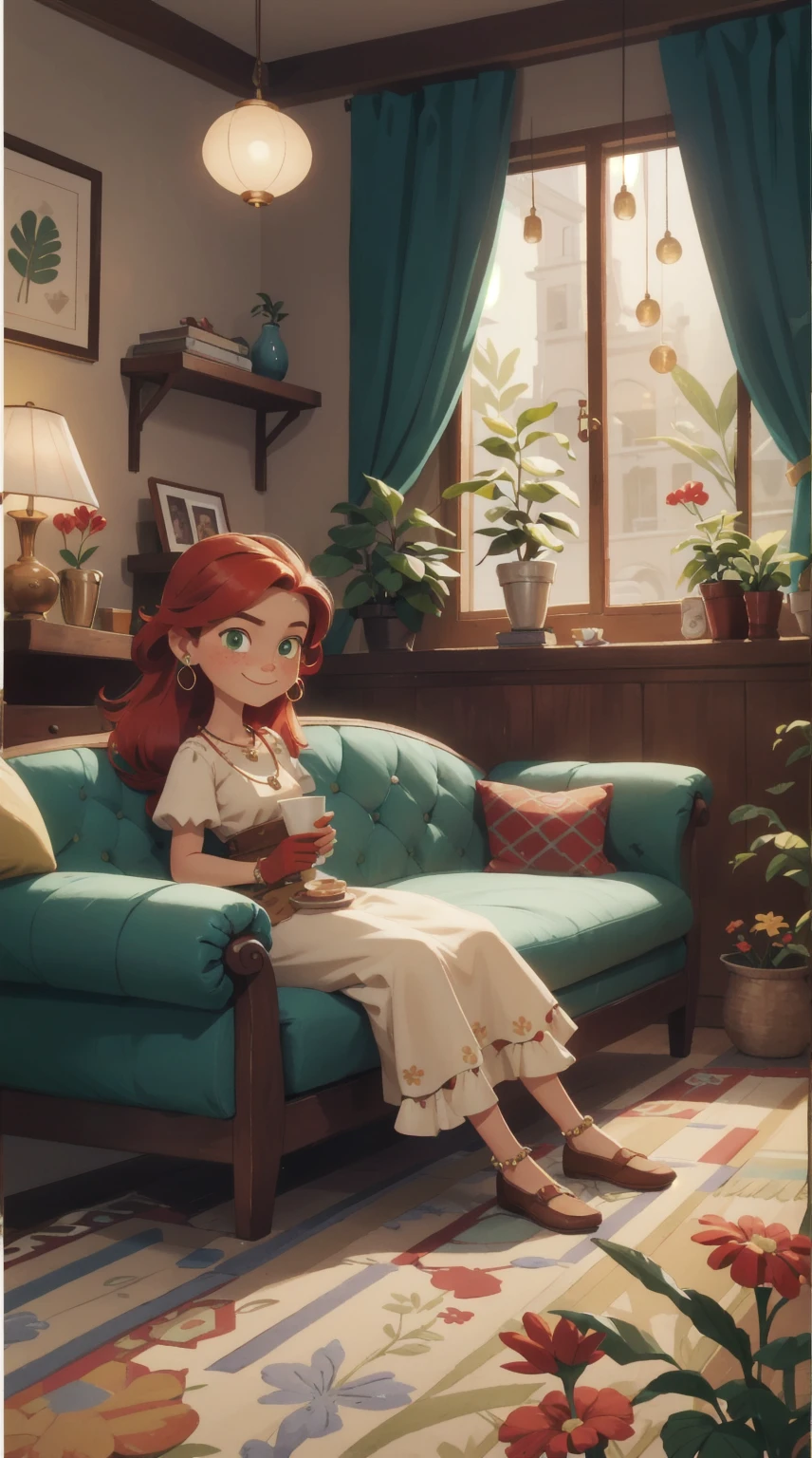 Concept Art,character illustration of a,European and American cartoons,（whole body：1.5），Mid-Long View，carpet，（Looking at the camera），shoe，A 20-year-old blonde girl happily sits in the living room，Holding a Cup of coffee，happy，A laid-back expression，Relax，Leisure，European and American cartoons，1 Girl,freckle,Solitary,Jewelry,Green Eyes,Weaving,earrings,twin Weavings,necklace,Looking at the audience,Red hair,plant,Puff sleeves,bracelet,Smile,Long hair,puffy short sleeve,Necklace,dress,flower,Coffee Cup,Gloves,earrings,Jewelry,Elbow Gloves,Cup,sit,sofa,window,sofa，living room，独奏,Looking at the camera，Look at the audience，
