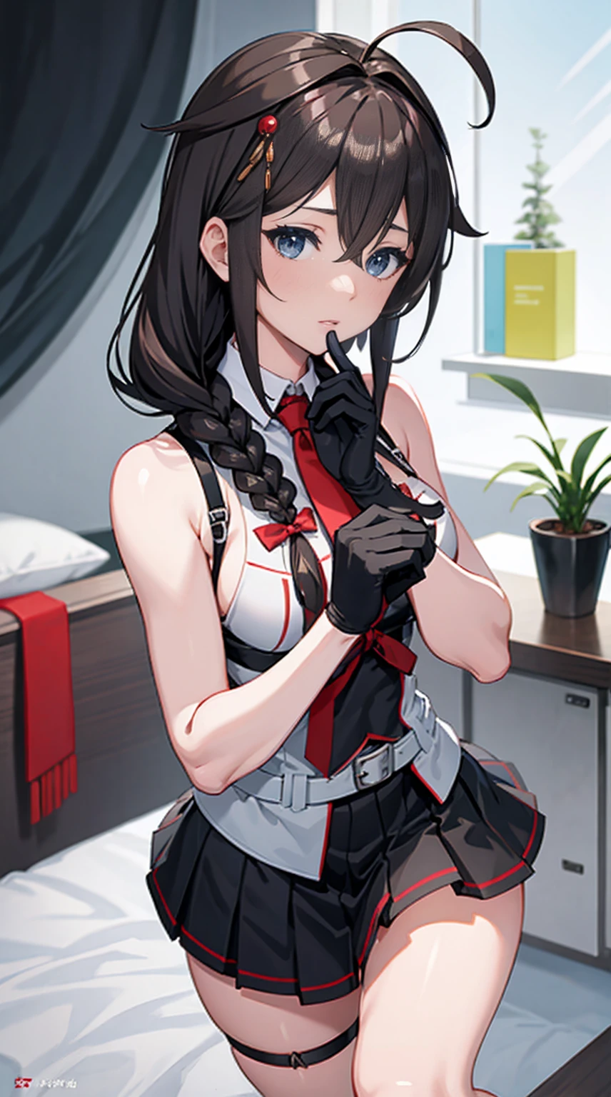 Shigure Kai 3 KanColle Sleeveless Black Thimble Gloves Black Skirt Braid 8K High Resolution Very Fine Eyes Very Fine Face、Insanely detailed body、Extremely fine skin, very elaborate hair ornament, Precisely sculpted body and hand 1 person hotel room