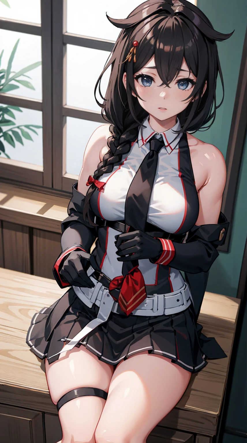 Shigure Kai 3 KanColle Sleeveless Black Thimble Gloves Black Skirt Braid 8K High Resolution Very Fine Eyes Very Fine Face、Insanely detailed body、Extremely fine skin, very elaborate hair ornament, Precisely sculpted body and hand 1 person hotel room