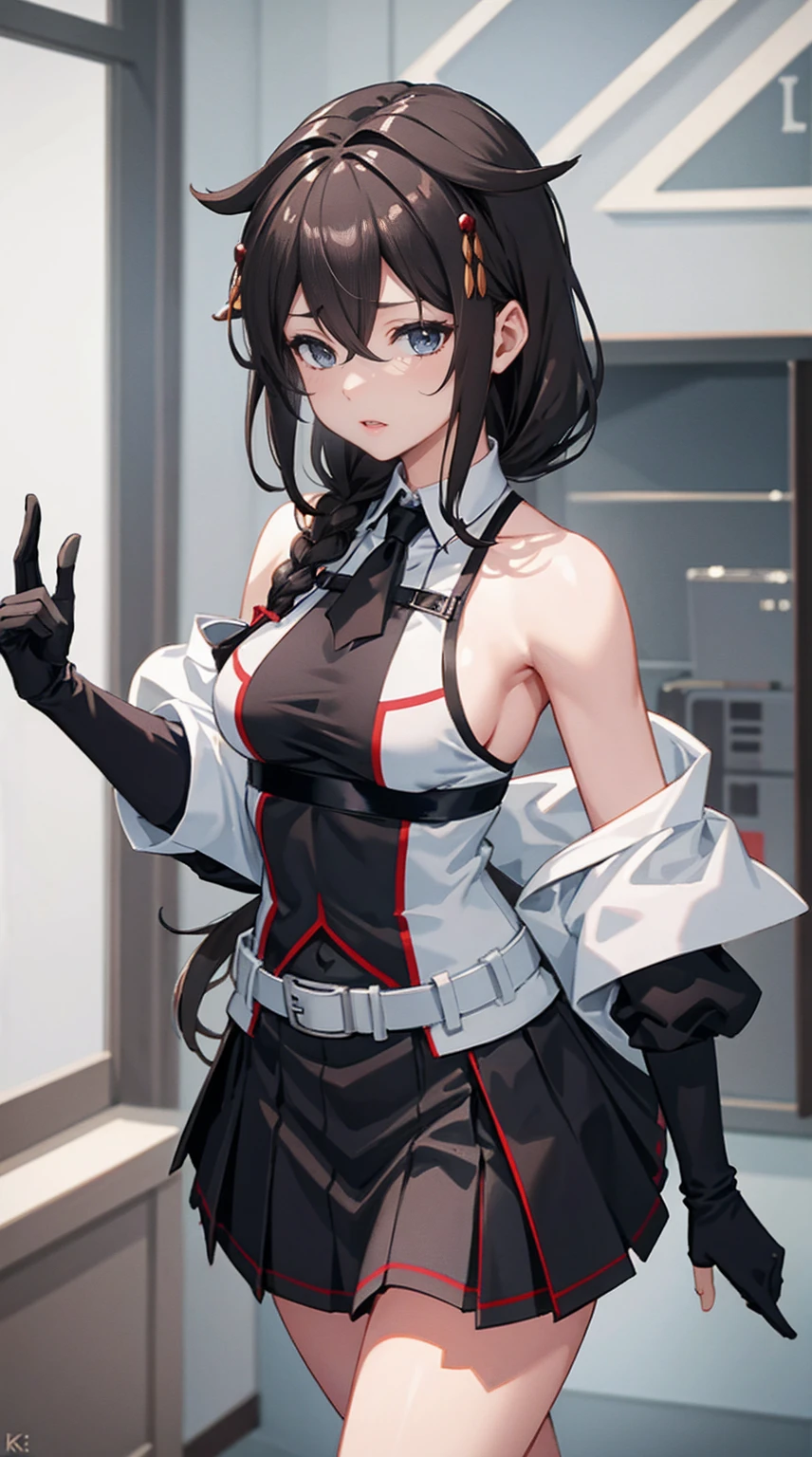 Shigure Kai 3 KanColle Sleeveless Black Thimble Gloves Black Skirt Braid 8K High Resolution Very Fine Eyes Very Fine Face、Insanely detailed body、Extremely fine skin, very elaborate hair ornament, Precisely sculpted body and hand 1 person hotel room
