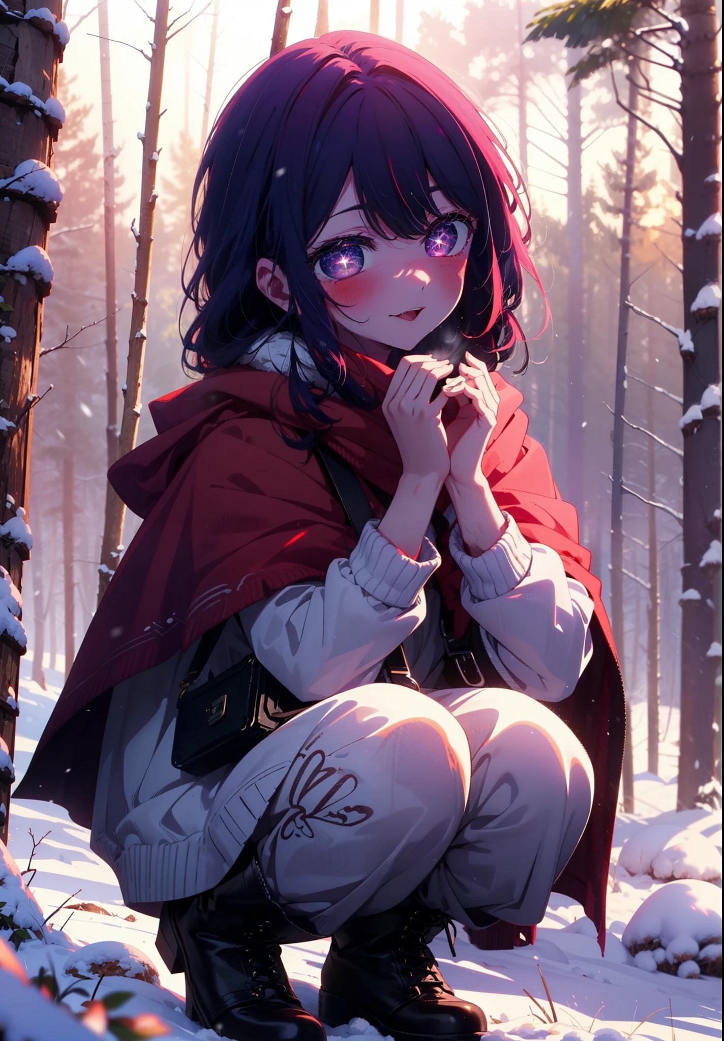 aihoshino, Ai Hoshino, Long Hair, bangs, (Purple eyes:1.1), Purple Hair, (Symbol-shaped pupil:1.5), smile,,smile,blush,White Breath,
Open your mouth,snow,Ground bonfire, Outdoor, boots, snowing, From the side, wood, suitcase, Cape, Blurred, , forest, White handbag, nature,  Squat, Mouth closed, Cape, winter, Written boundary depth, Black shoes, red Cape break looking at viewer, Upper Body, whole body, break Outdoor, forest, nature, break (masterpiece:1.2), Highest quality, High resolution, unity 8k wallpaper, (shape:0.8), (Beautiful and beautiful eyes:1.6), Highly detailed face, Perfect lighting, Extremely detailed CG, (Perfect hands, Perfect Anatomy),