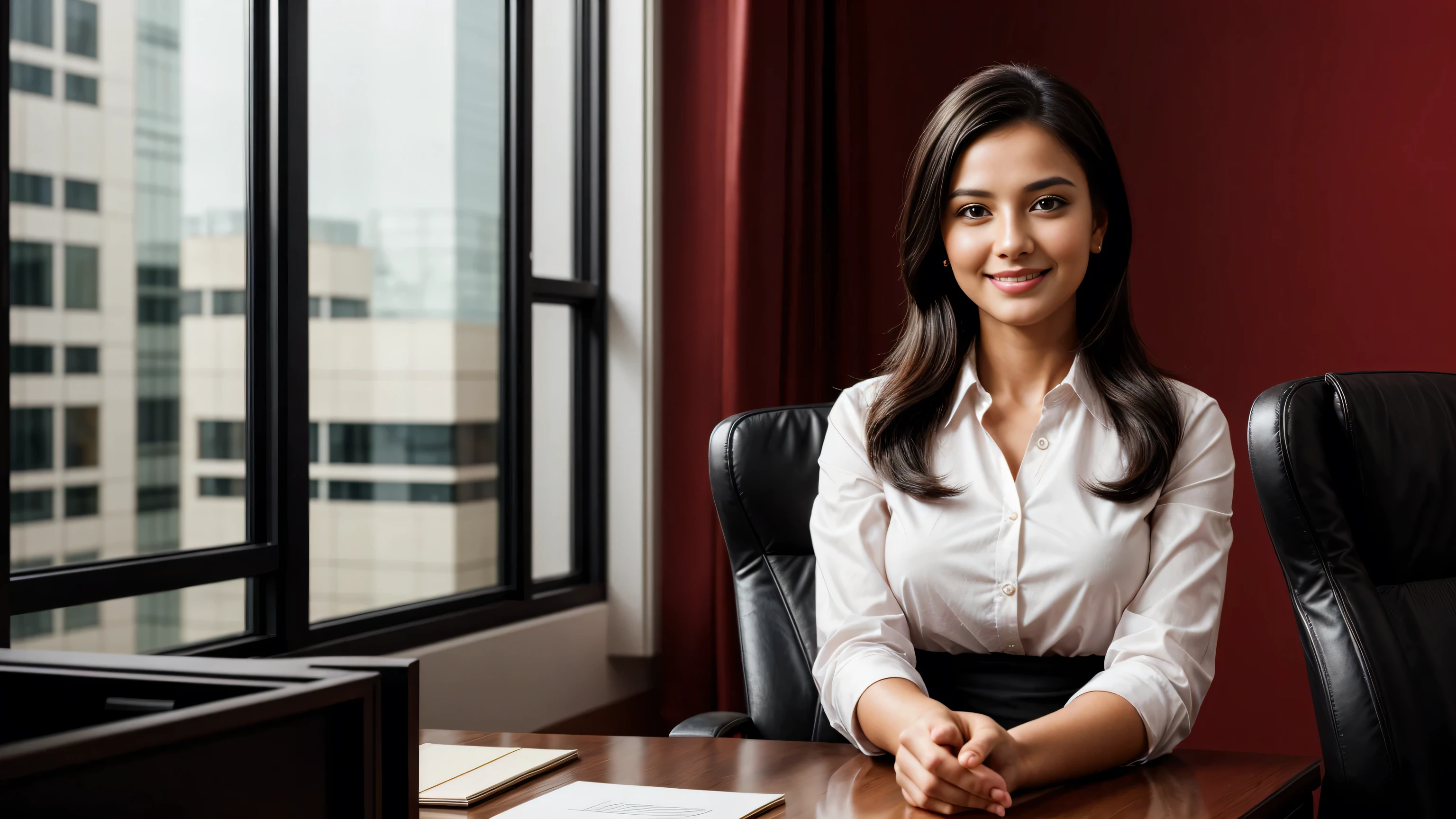 a beautiful girl in a professional office setting, black hair, looking at viewer, elegant red business attire, gentle expression, full smile, professional and efficient, office supplies, warm lighting, photorealistic, highly detailed, cinematic composition, dramatic lighting, color grading, Rembrandt lighting