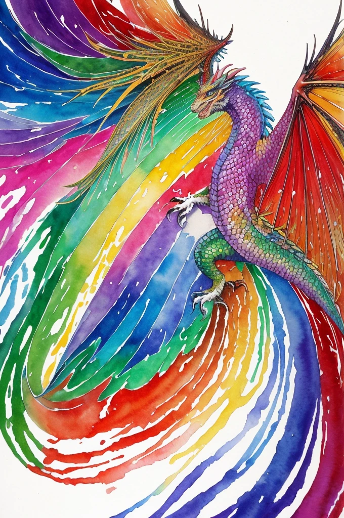 A beautiful and gorgeous rainbow-colored dragon. In the world of watercolor，
rainbow Dragon
White background
The dragon's graceful posture shows its brilliance and cots body is curved and fluid，Every line drawn exudes vitality，Abstract faucet，Artistic dragon body lines，The soft texture of watercolor，The rendering of color makes the whole picture full of movement，（（s fractal art）），（（tmasterpiece，best qualtiy，extremely detaile，Ultra-high resolution，detailedbackground）），（（（abstract backgrounds））），（（a color）），blossoms，Every drop of ink blends with the pigment，It's all the collision and release of the artist's soul。