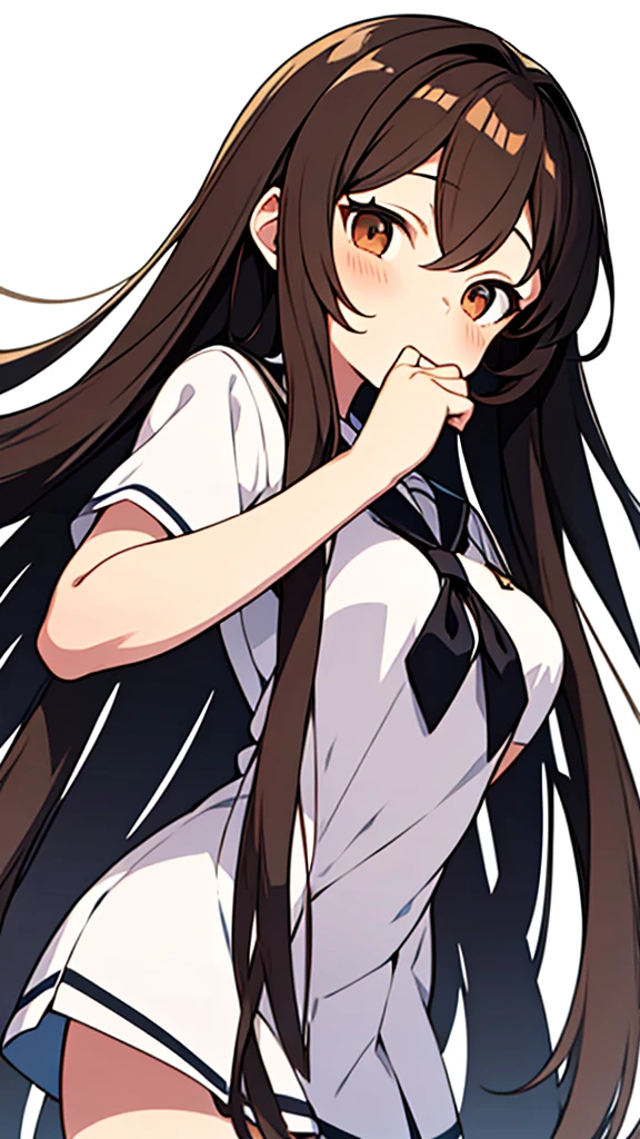 Anime girl with long brown hair.
with brown eyes in a white background.
she wears the classroom uniform of the elite which is standing