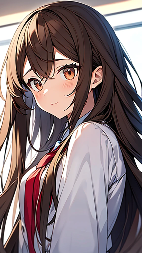 Anime girl with long brown hair.
with brown eyes in a white background.
she wears the classroom uniform of the elite which is standing