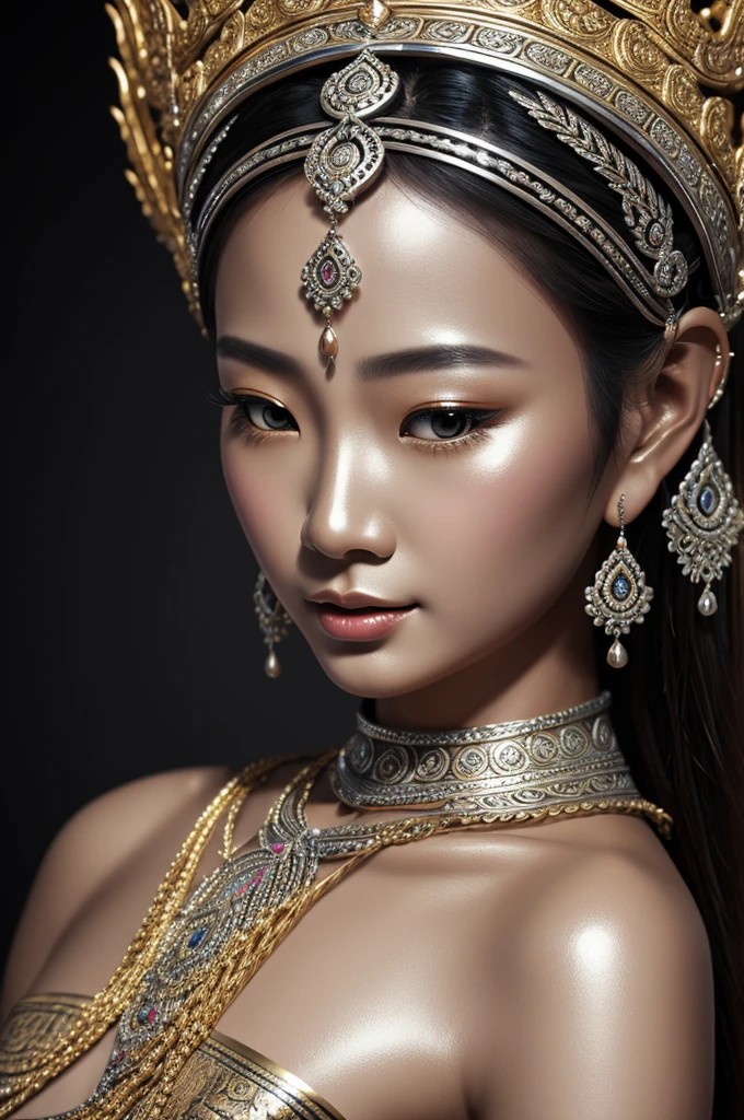 Beautiful digital painting of a stylish Thai female goddess. Highly detailed, realistic silver surface, beautiful glossy finish. UltraHD64K