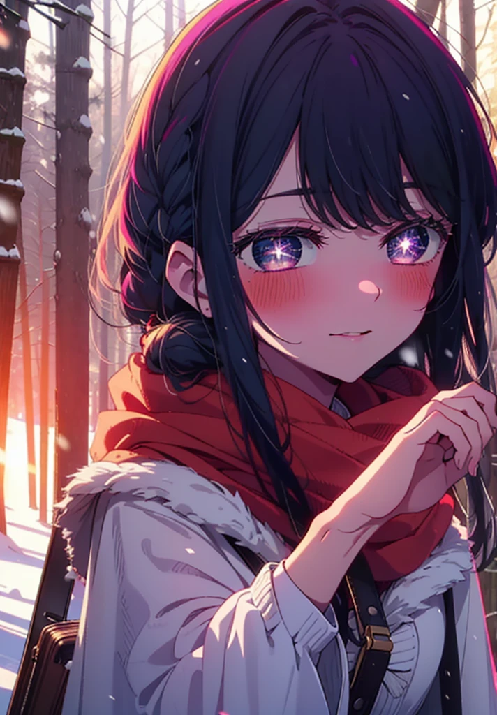 aihoshino, Ai Hoshino, Long Hair, bangs, (Purple eyes:1.1), Purple Hair, (Symbol-shaped pupil:1.5), smile,,smile,blush,White Breath,
Open your mouth,snow,Ground bonfire, Outdoor, boots, snowing, From the side, wood, suitcase, Cape, Blurred, , forest, White handbag, nature, Squat, Mouth closed, Cape, winter, Written boundary depth, Black shoes, red Cape break looking at viewer, Upper Body, whole body, break Outdoor, forest, nature, break (masterpiece:1.2), Highest quality, High resolution, unity 8k wallpaper, (shape:0.8), (Beautiful and beautiful eyes:1.6), Highly detailed face, Perfect lighting, Extremely detailed CG, (Perfect hands, Perfect Anatomy),