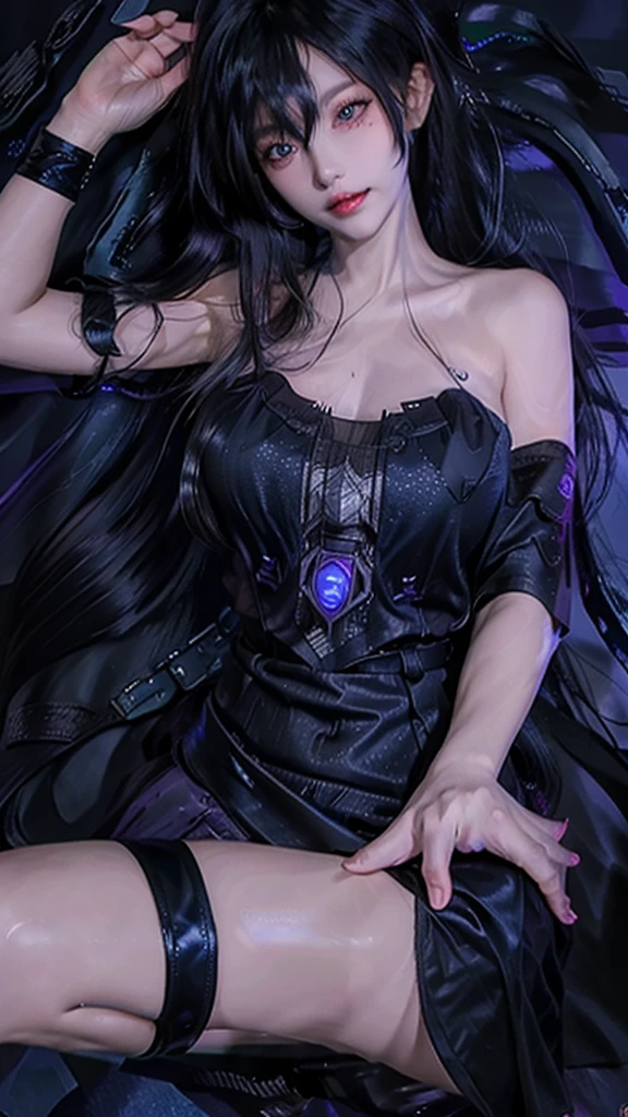 Ultra high resolution 4K、best quality, Masterpiece, Ultra high resolution, (reality: 1.4),  1 woman, purple eyes, The dress went off the shoulder., light、purple and black hair、(my girl、my cosmetics)、(Dante Dong、big breasts、Oversized black off-the-shoulder T-shirt、dark short skirt)、((Dark makeup、Oily skin,有light泽的皮肤、Realistic skin texture、Sensitive & beautiful skin、容light焕发的皮肤)), Dark city center at night、Kabukicho、Dark Cyberpunk、(Panorama:1.8)