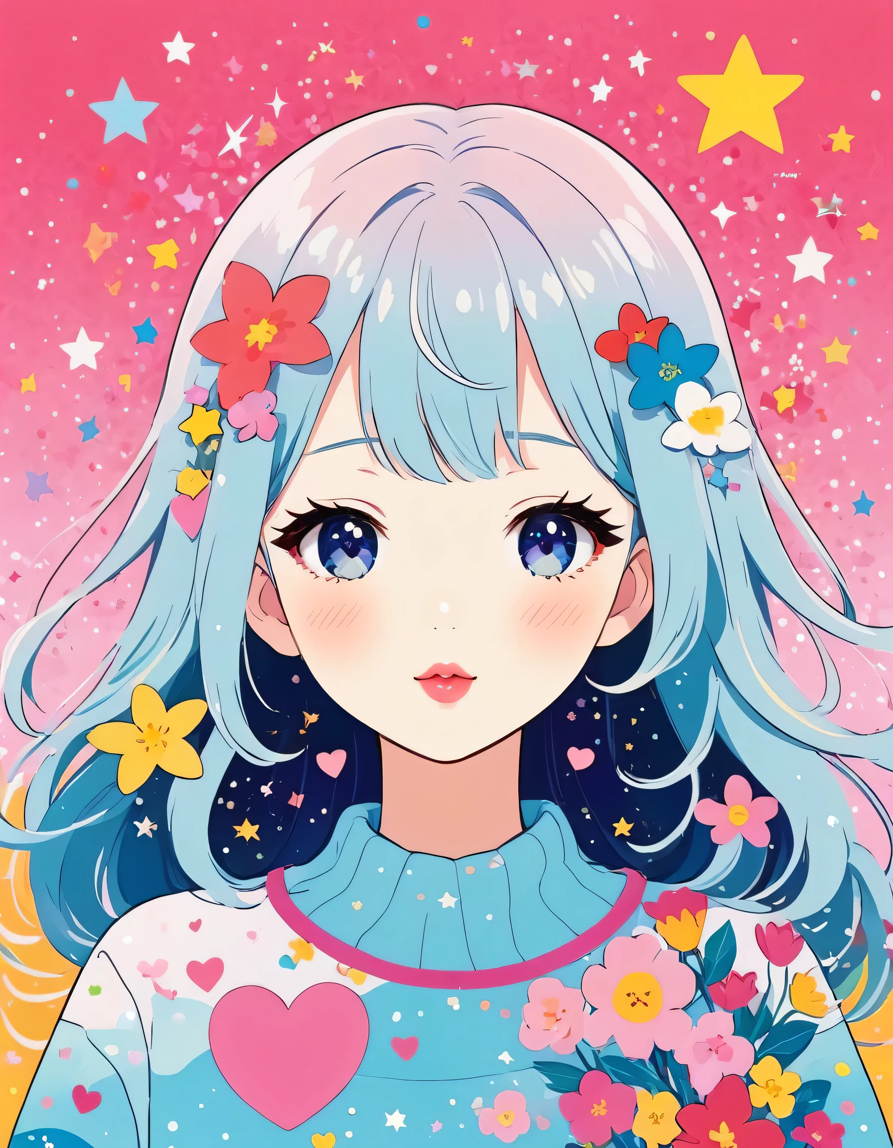 Seizo Watase style, Simple Line Initialism,Abstract art,kawaii Design, (((The most kawaii girl of all time))), The background is star dust, colorful hearts, colorful flowers, Lips in love