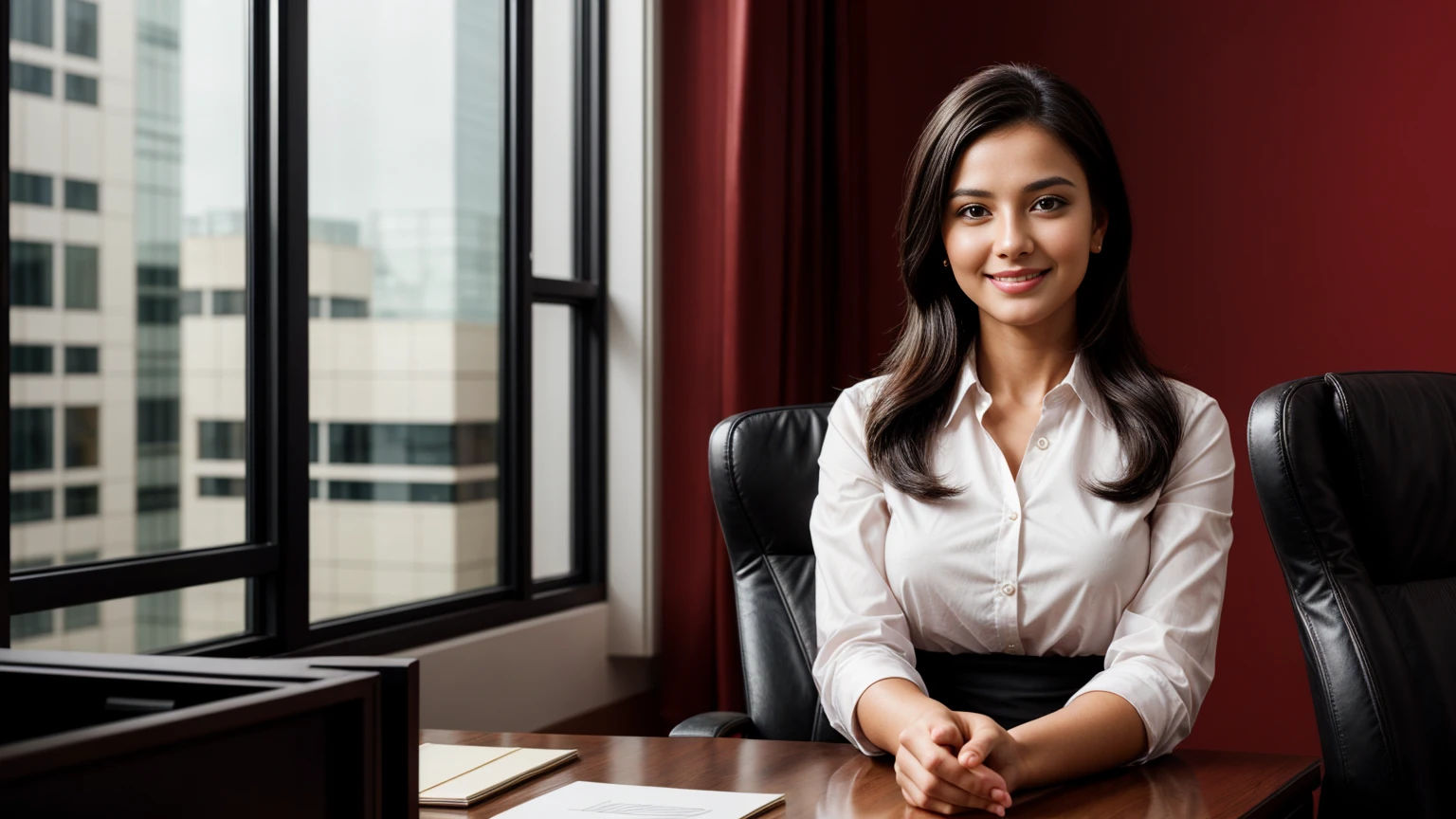 a beautiful girl in a professional office setting, black hair, looking at viewer, elegant red business attire, gentle expression, full smile, professional and efficient, office supplies, warm lighting, photorealistic, highly detailed, cinematic composition, dramatic lighting, color grading, Rembrandt lighting