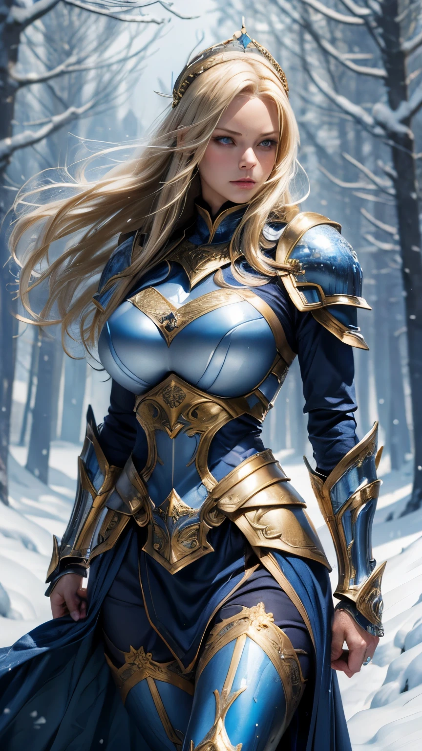 A blonde woman, (glowing blue eyes),  she wears (shiny dark blue armor) with gold trim, reflective surface, intricate details, Viking helmet covers her head, boob window. Stern expression, fists clenched by her sides. (detailed hands and fingers, gold gauntlet). show her walking through a snowy forest, slowly falling snow flakes